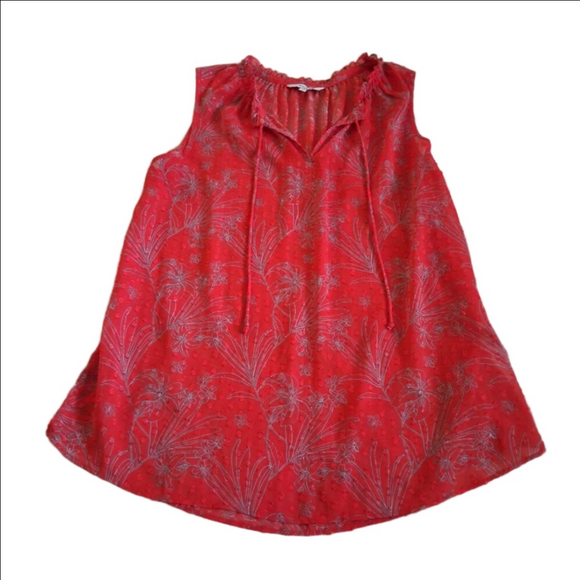 Alfred Sung Women's Size L Poppy Red Floral Ruffle Peasant Sheer Sleeveless Top - Picture 2 of 9